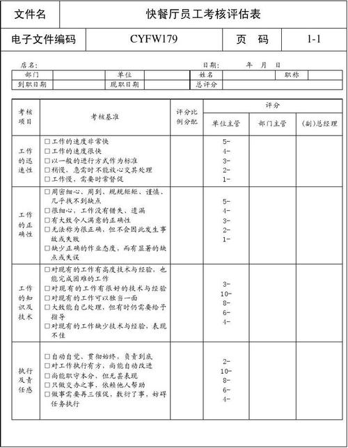 餐饮员工优缺点评价表怎么写