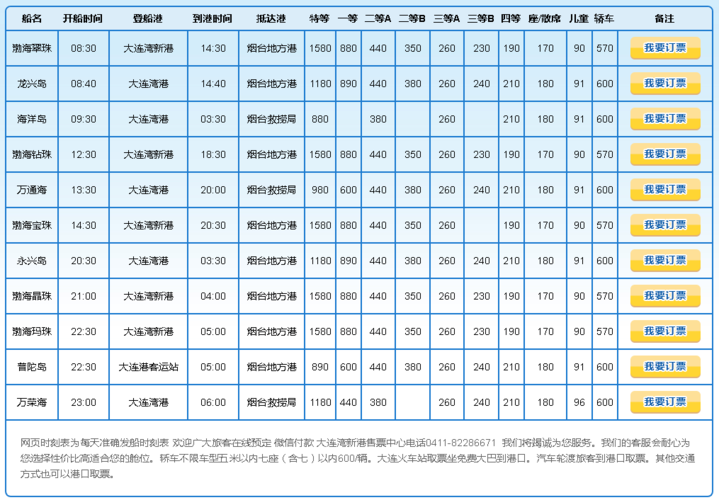 大连到烟台船票价格表查询